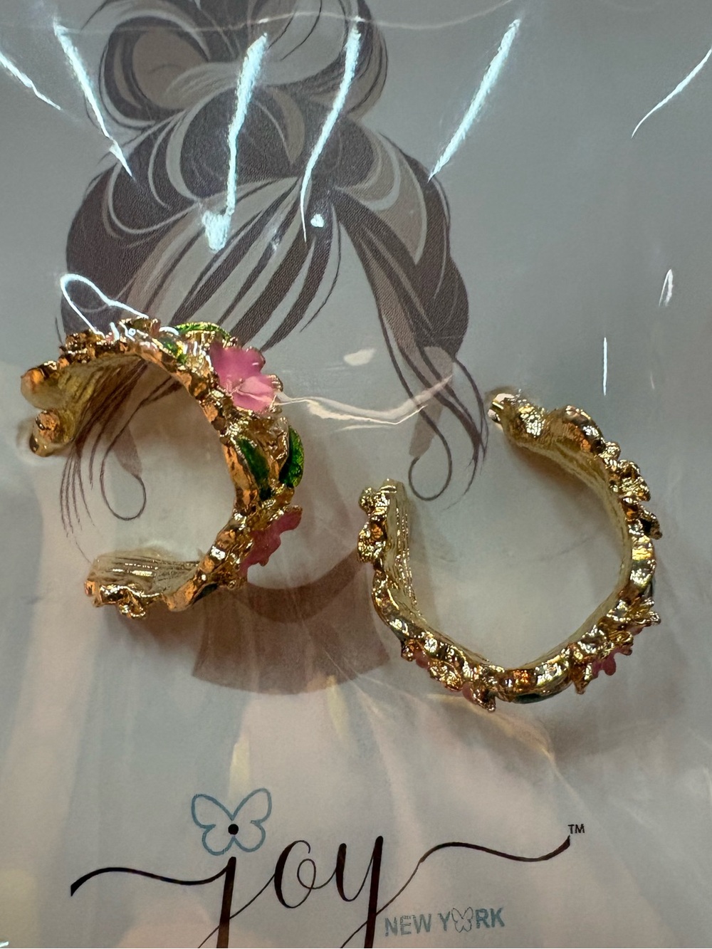 Joy New York Floral Hoop Earrings NWT Gold Pink Flower Green Enamel